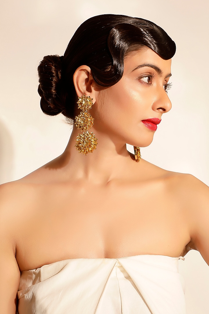 Gold Finish Sequins & Crystal Floral Dangler Earrings by Bijoux By Priya Chandna at Pernia's Pop Up Shop