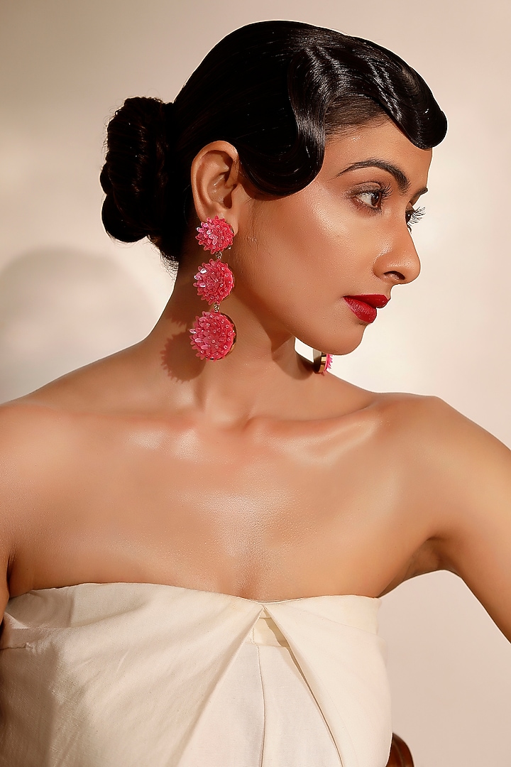 Pink Sequins & Crystal Floral Dangler Earrings by Bijoux By Priya Chandna at Pernia's Pop Up Shop