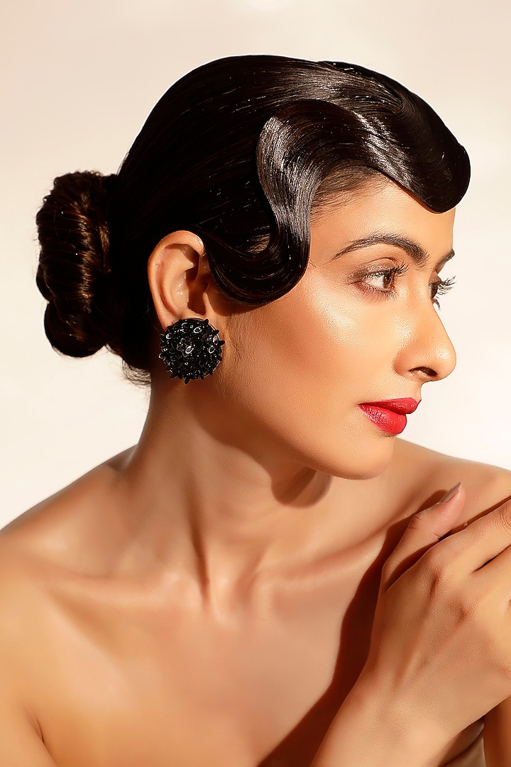 Black Sequins & Crystal Floral Stud Earrings by Bijoux By Priya Chandna at Pernia's Pop Up Shop