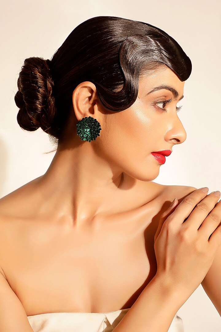 Green Sequins & Crystal Floral Stud Earrings by Bijoux By Priya Chandna at Pernia's Pop Up Shop