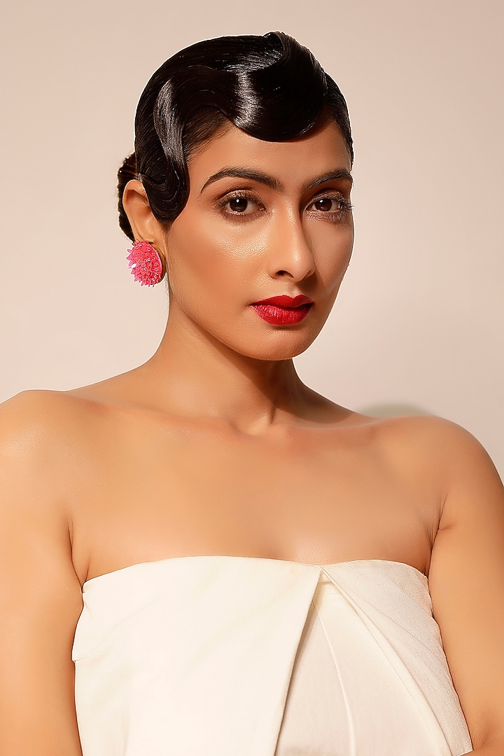 Bright Pink Sequins & Crystal Floral Stud Earrings by Bijoux By Priya Chandna at Pernia's Pop Up Shop