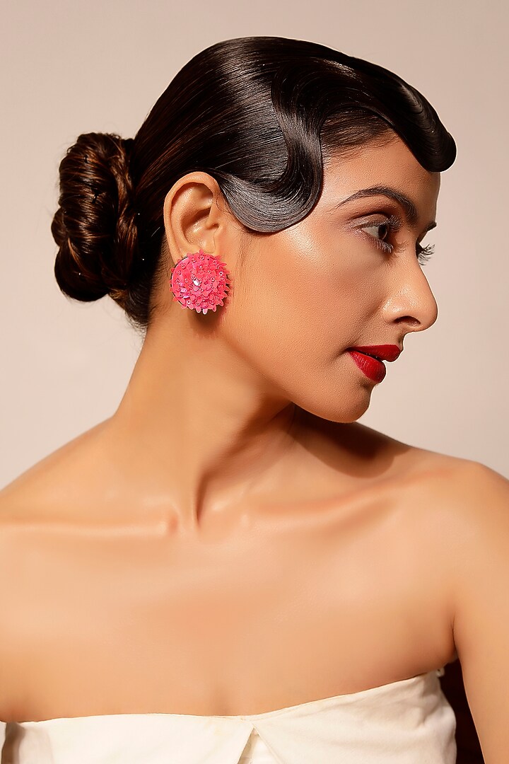 Bright Pink Sequins & Crystal Floral Stud Earrings by Bijoux By Priya Chandna at Pernia's Pop Up Shop