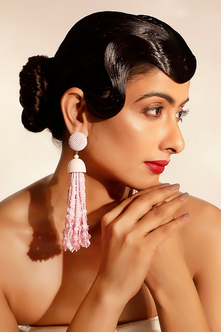 Pink Crystal & Beaded Tassel Dangler Earrings by Bijoux By Priya Chandna at Pernia's Pop Up Shop
