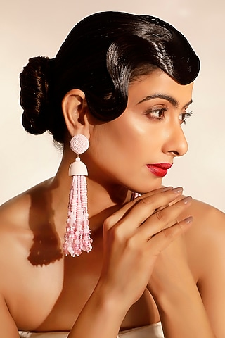 Pink Crystal & Beaded Tassel Dangler Earrings by Bijoux By Priya Chandna