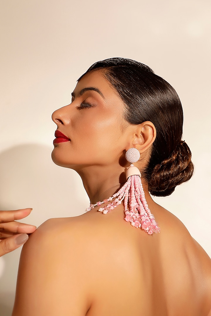 Pink Crystal & Beaded Tassel Dangler Earrings by Bijoux By Priya Chandna at Pernia's Pop Up Shop