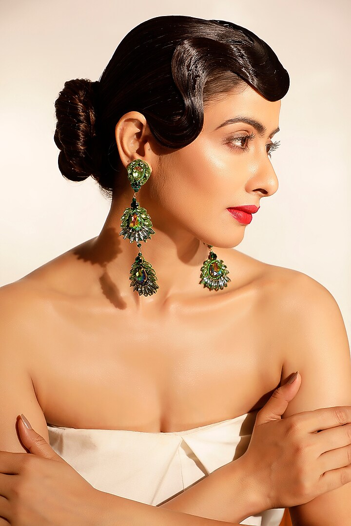 Green Crystal Dangler Earrings by Bijoux By Priya Chandna at Pernia's Pop Up Shop