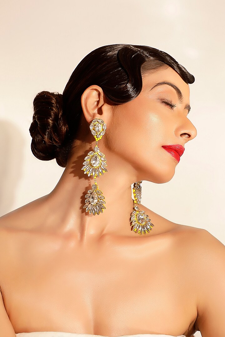 Gold Crystal Dangler Earrings by Bijoux By Priya Chandna at Pernia's Pop Up Shop