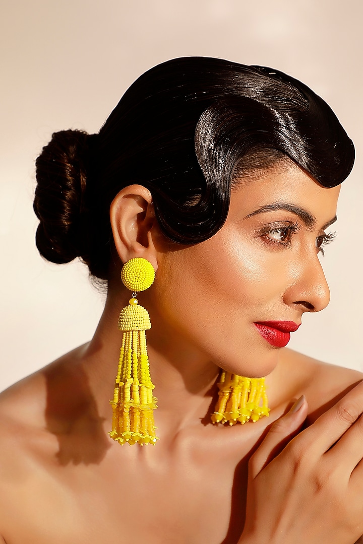 Yellow Crystal & Beaded Tasseled Dangler Earrings by Bijoux By Priya Chandna at Pernia's Pop Up Shop