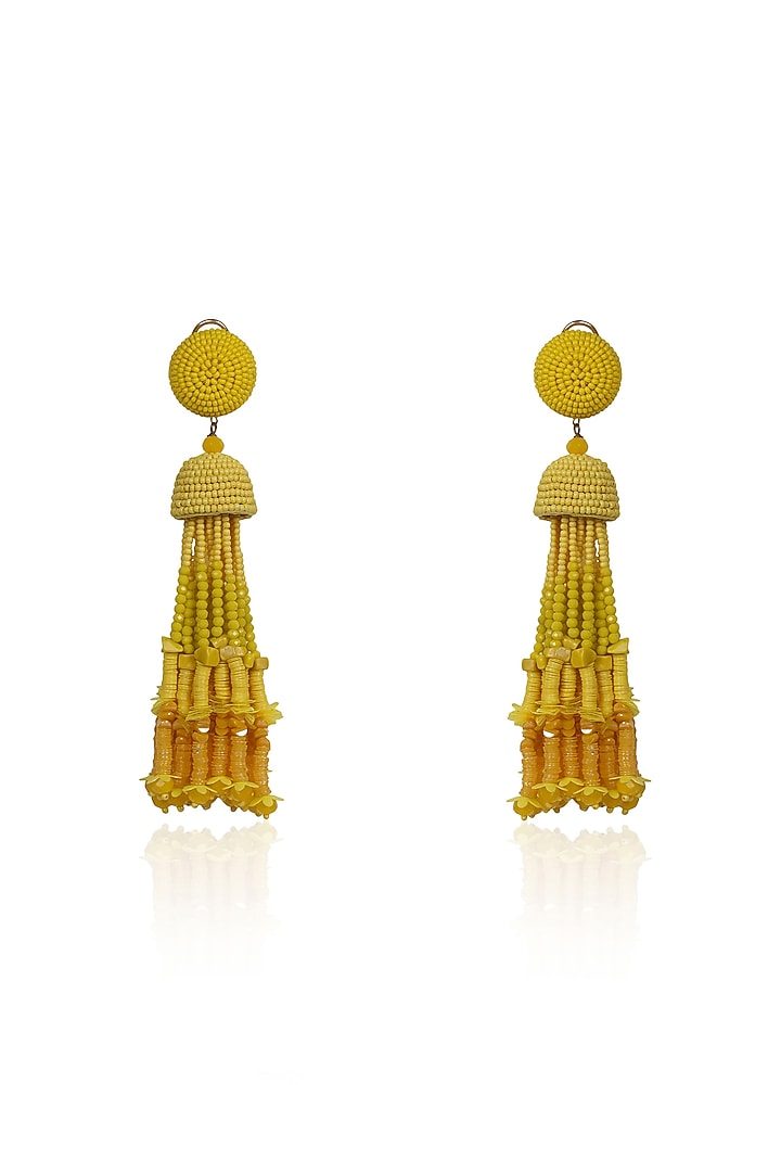 Yellow Crystal & Beaded Tasseled Dangler Earrings by Bijoux By Priya Chandna at Pernia's Pop Up Shop