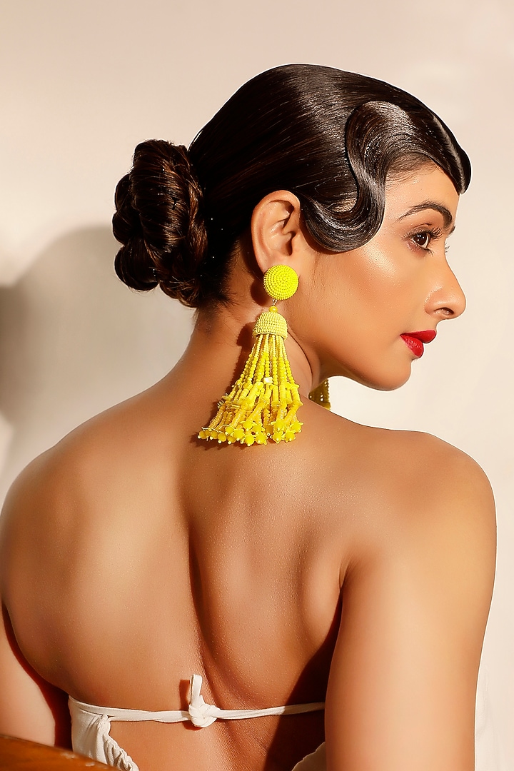Yellow Crystal & Beaded Tasseled Dangler Earrings by Bijoux By Priya Chandna at Pernia's Pop Up Shop