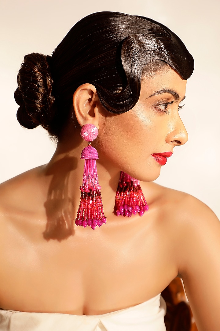Pink Crystal & Beaded Tasseled Dangler Earrings by Bijoux By Priya Chandna at Pernia's Pop Up Shop