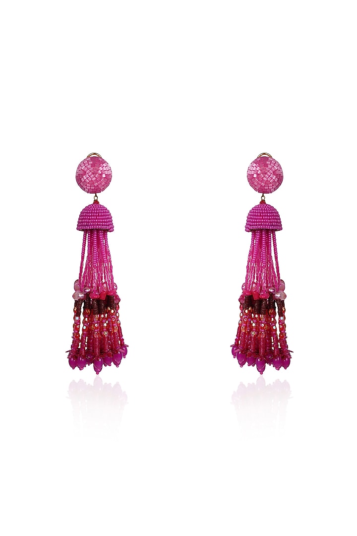 Pink Crystal & Beaded Tasseled Dangler Earrings by Bijoux By Priya Chandna at Pernia's Pop Up Shop