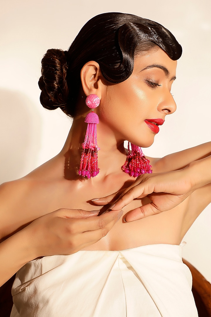 Pink Crystal & Beaded Tasseled Dangler Earrings by Bijoux By Priya Chandna at Pernia's Pop Up Shop