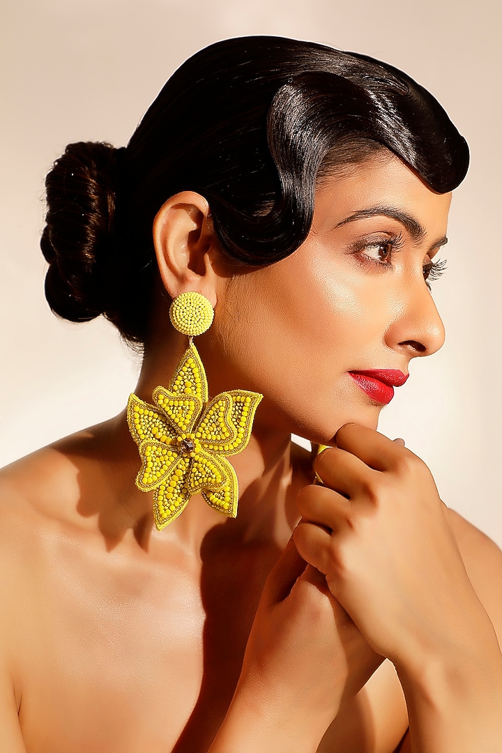 Yellow Crystal & Semi-Precious Stone Floral Dangler Earrings by Bijoux By Priya Chandna at Pernia's Pop Up Shop