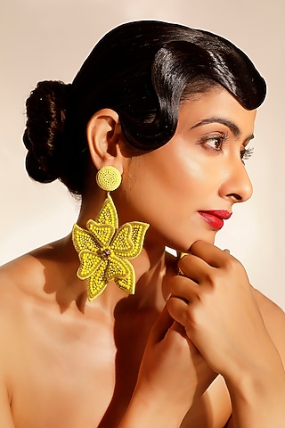 Yellow Crystal & Semi-Precious Stone Floral Dangler Earrings by Bijoux By Priya Chandna