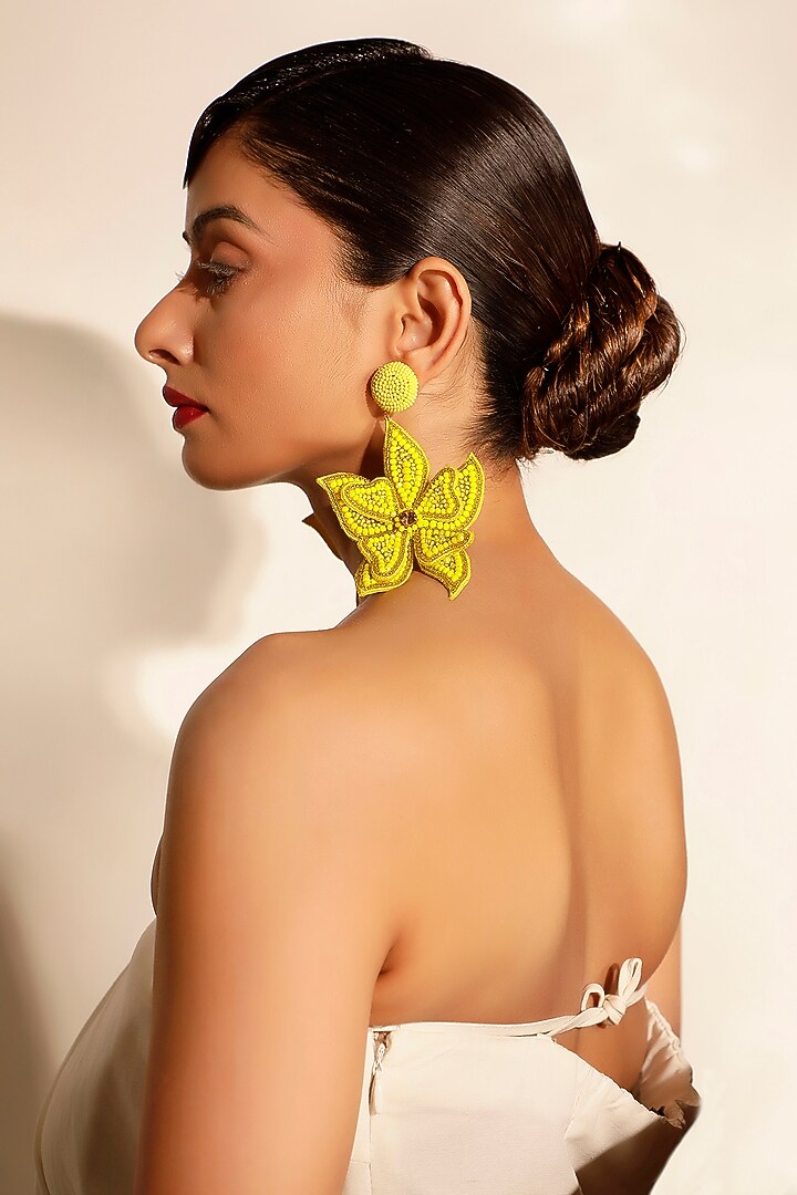 Yellow Crystal & Semi-Precious Stone Floral Dangler Earrings by Bijoux By Priya Chandna at Pernia's Pop Up Shop