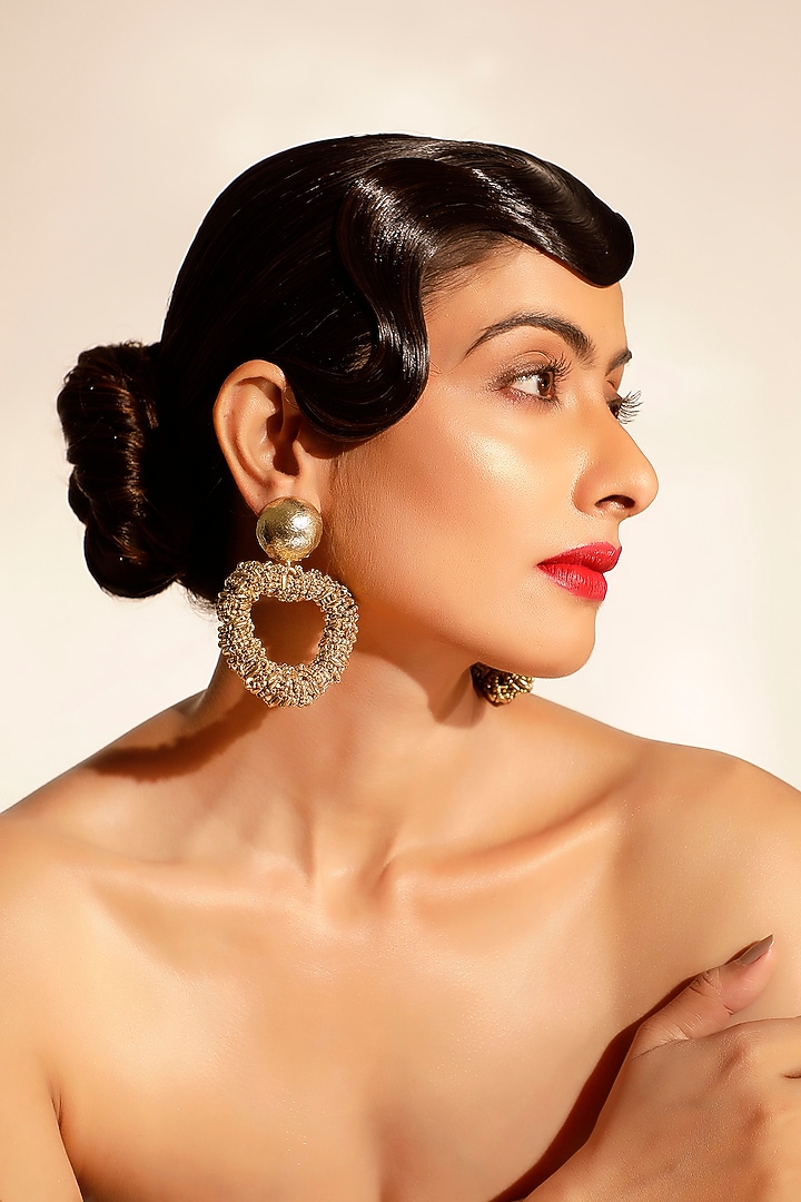 Gold Crystal & Beaded Dangler Earrings by Bijoux By Priya Chandna at Pernia's Pop Up Shop