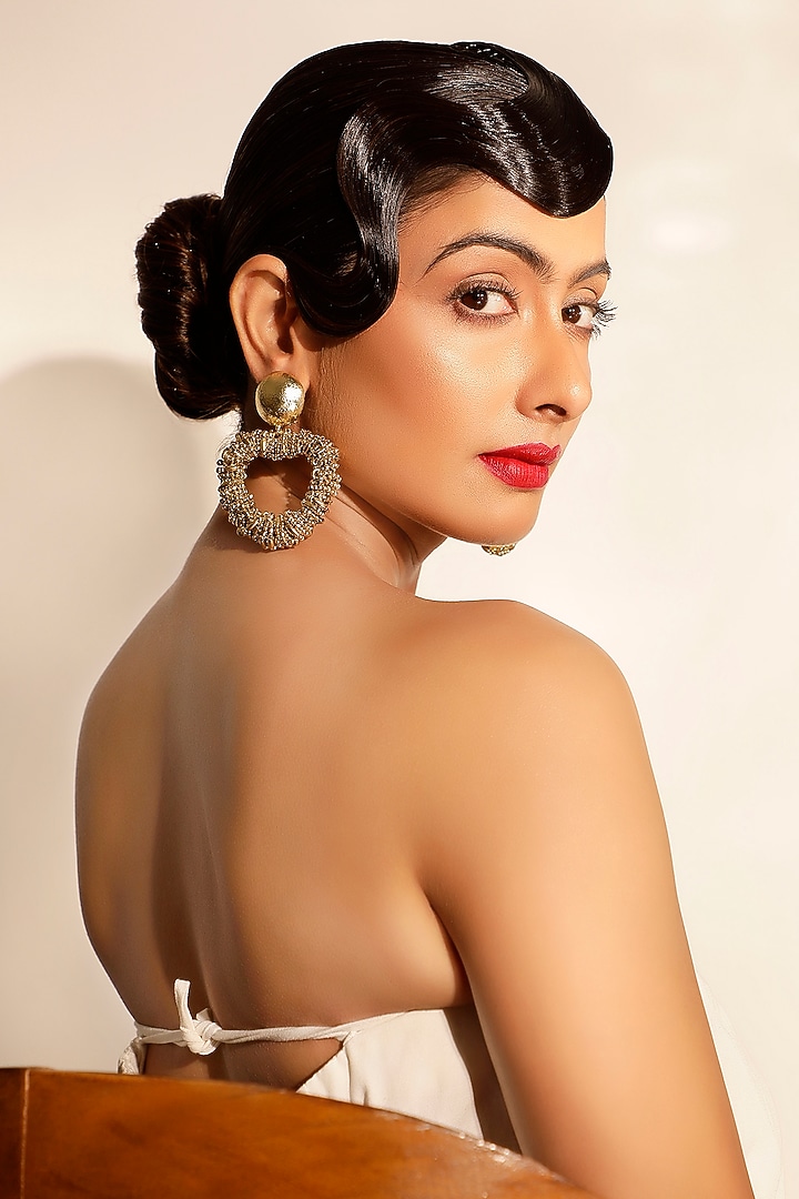 Gold Crystal & Beaded Dangler Earrings by Bijoux By Priya Chandna at Pernia's Pop Up Shop