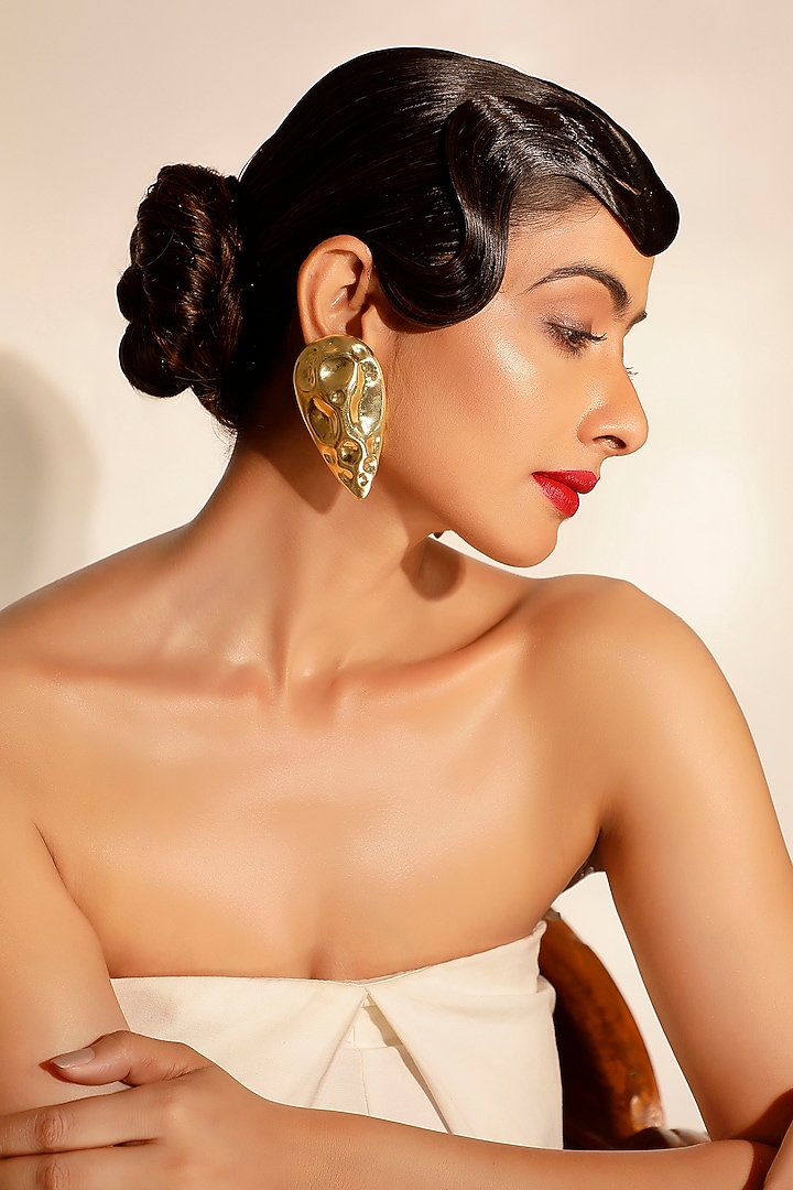 Gold Hammered Finish Crystal Teardrop Stud Earrings by Bijoux By Priya Chandna at Pernia's Pop Up Shop