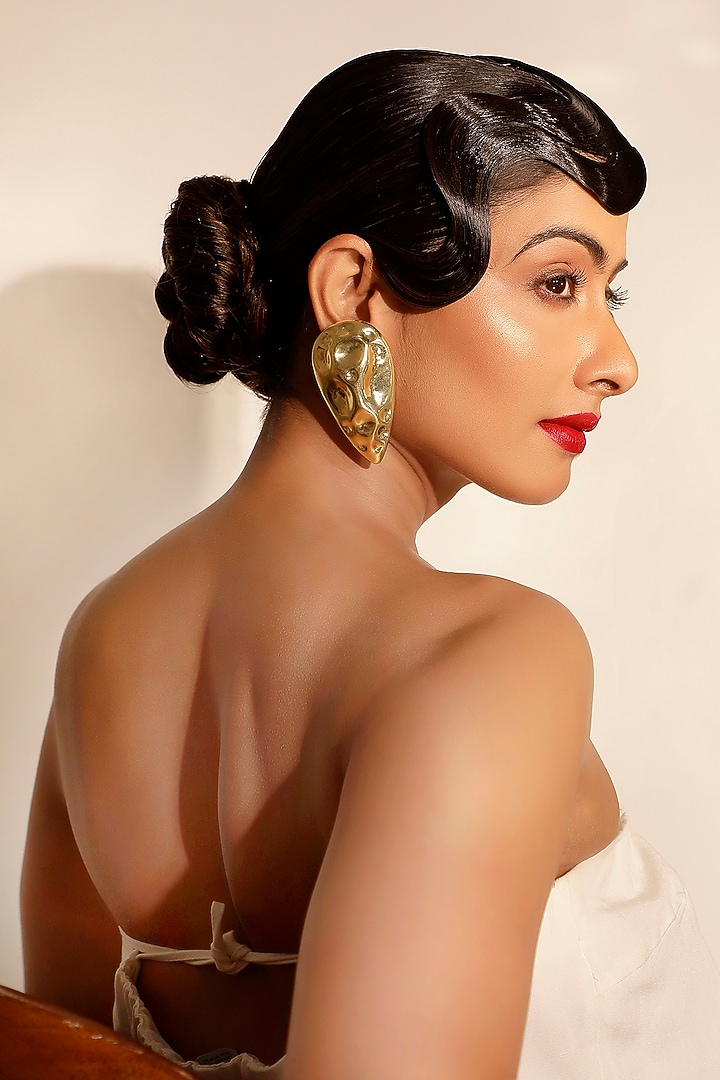 Gold Hammered Finish Crystal Teardrop Stud Earrings by Bijoux By Priya Chandna at Pernia's Pop Up Shop
