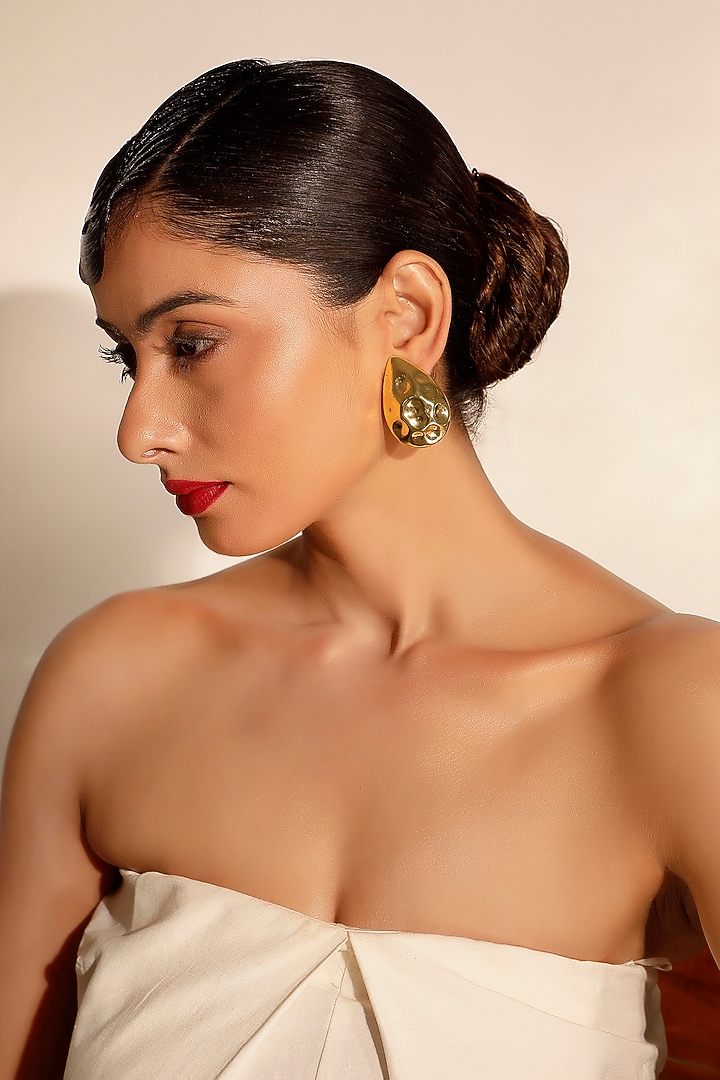 Gold Hammered Finish Crystal Teardrop Stud Earrings by Bijoux By Priya Chandna at Pernia's Pop Up Shop