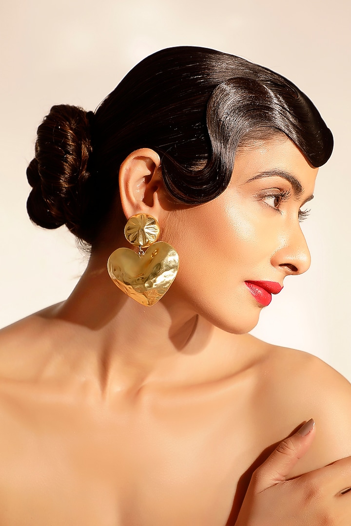 Gold Hammered Finish Heart Dangler Earrings by Bijoux By Priya Chandna at Pernia's Pop Up Shop