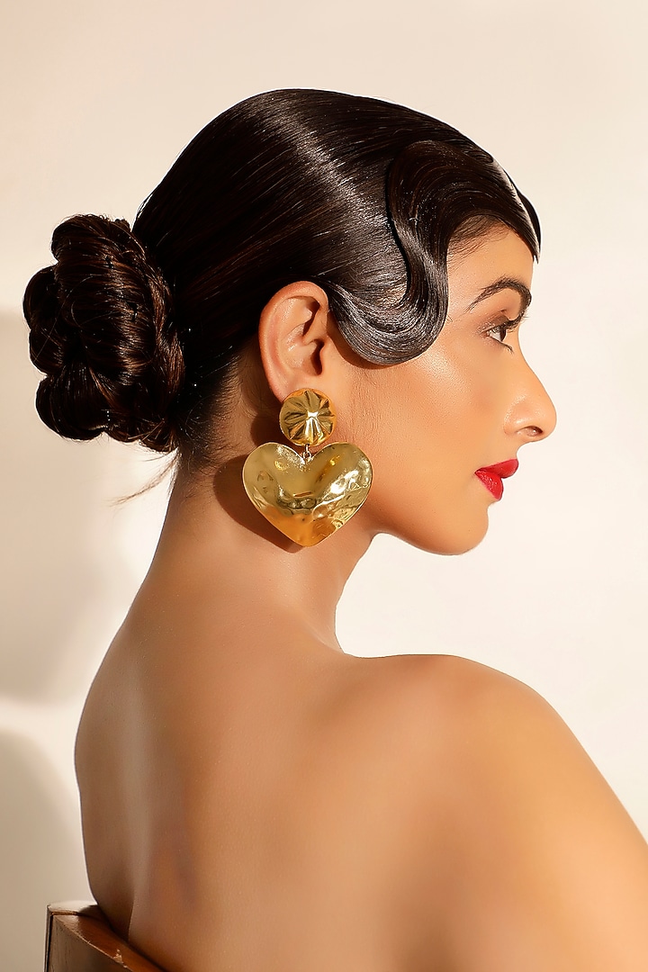 Gold Hammered Finish Heart Dangler Earrings by Bijoux By Priya Chandna at Pernia's Pop Up Shop