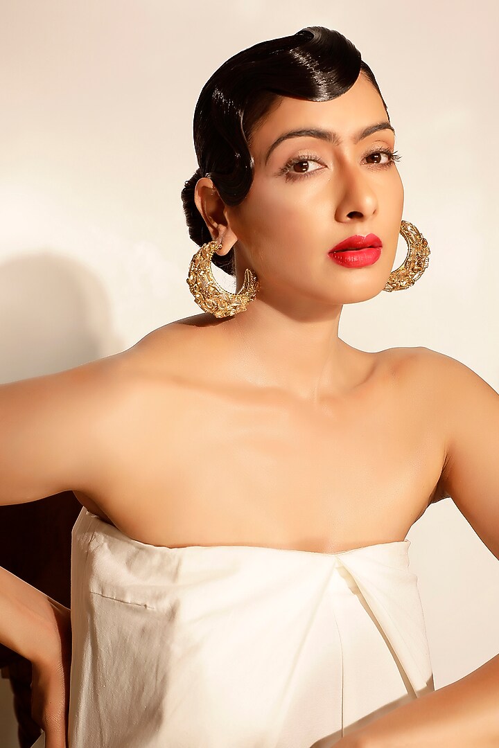 Gold Finish Crystal Half Hoop Earrings by Bijoux By Priya Chandna at Pernia's Pop Up Shop