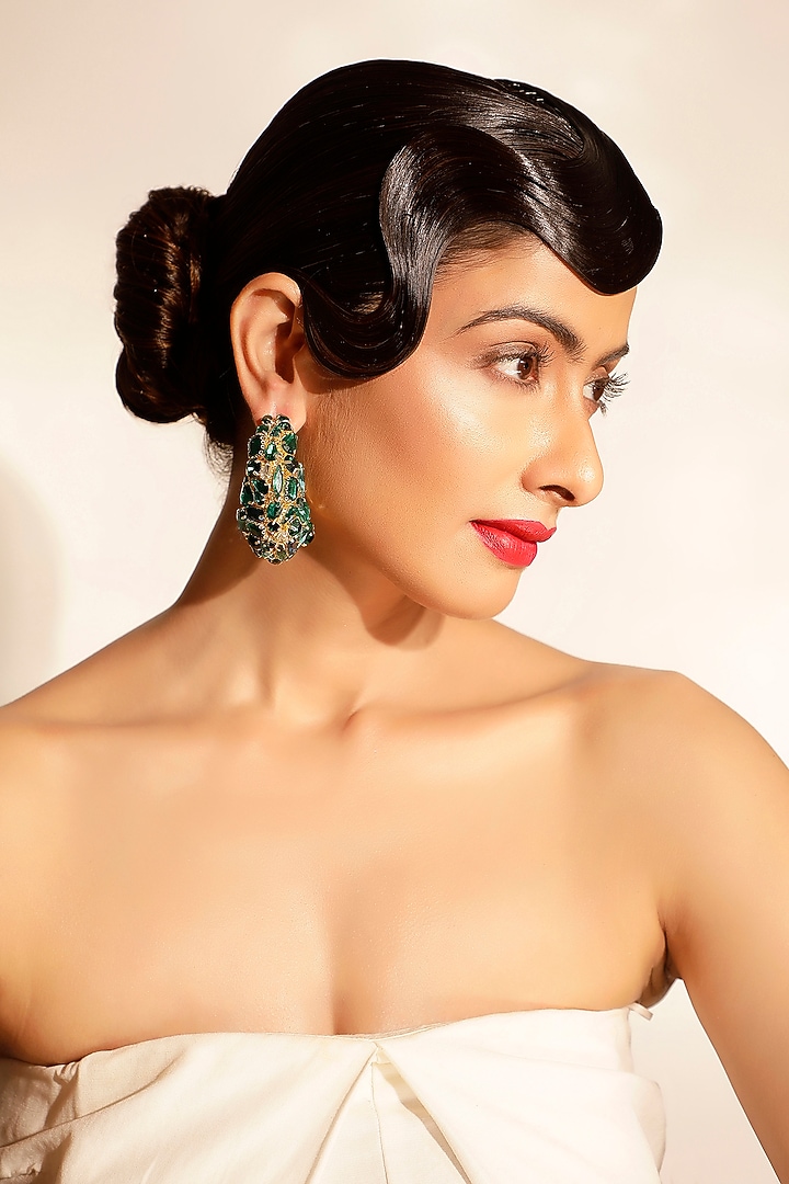Green Crystal Half Hoop Earrings by Bijoux By Priya Chandna at Pernia's Pop Up Shop