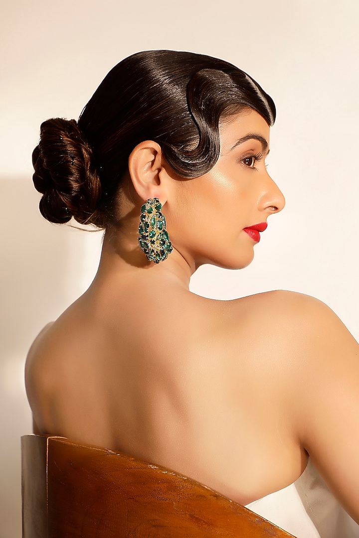 Green Crystal Half Hoop Earrings by Bijoux By Priya Chandna at Pernia's Pop Up Shop