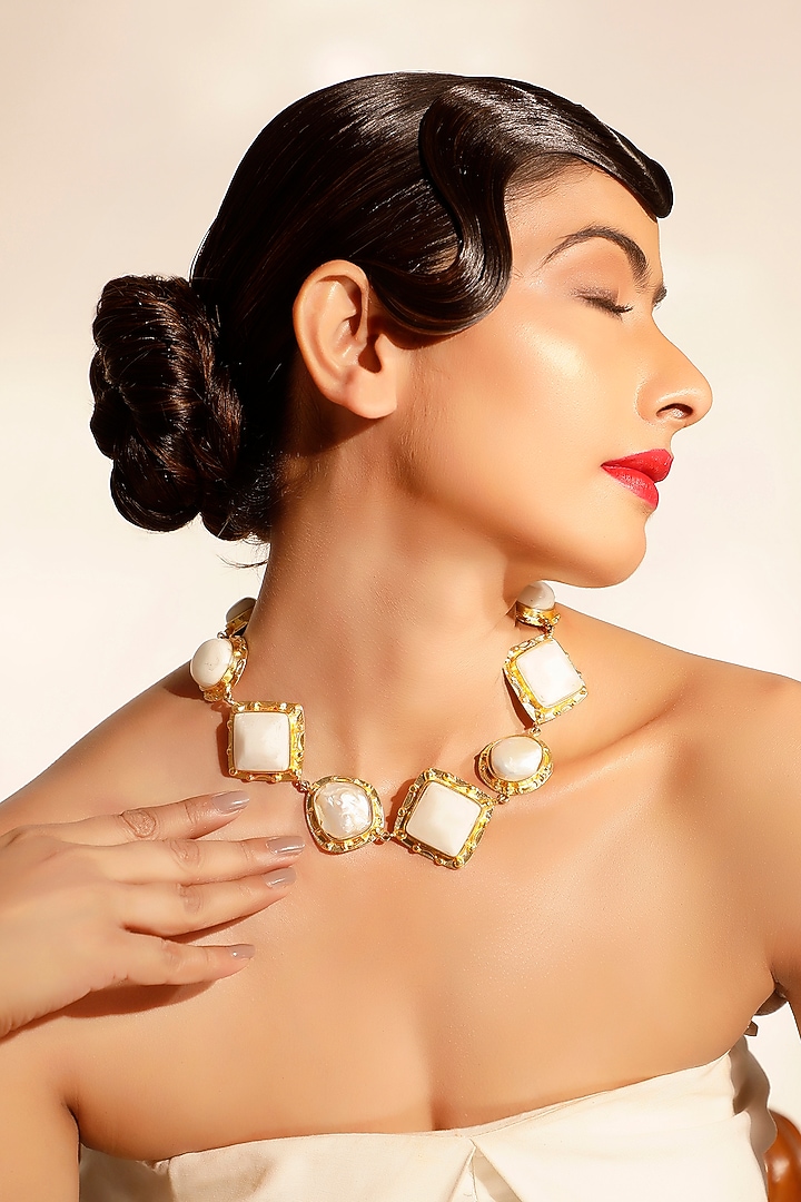 Gold Finish Resin & Pearl Necklace by Bijoux By Priya Chandna at Pernia's Pop Up Shop