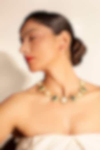Gold Finish Green Resin & Pearl Necklace by Bijoux By Priya Chandna at Pernia's Pop Up Shop