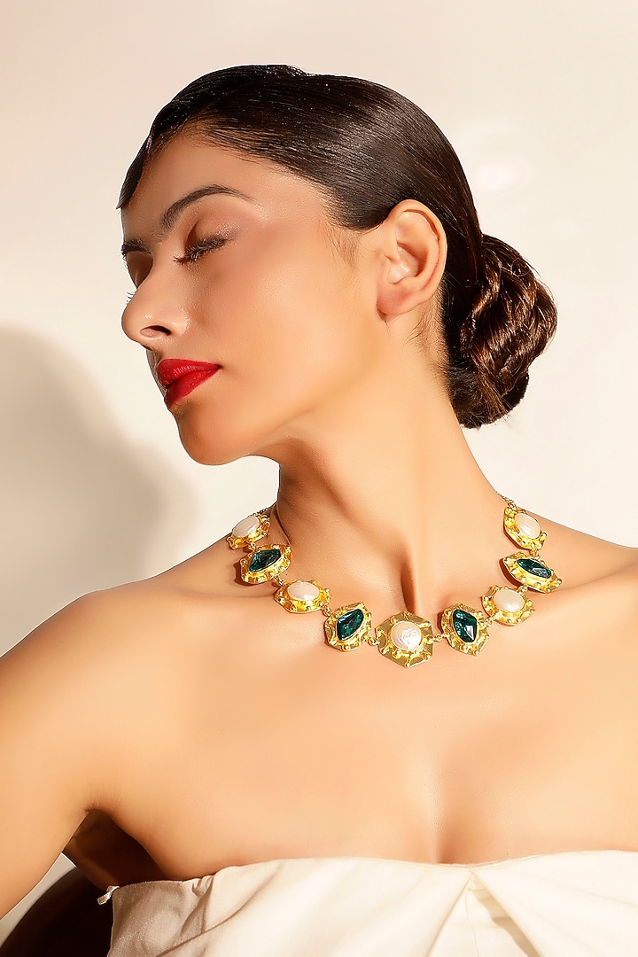 Gold Finish Green Resin & Pearl Necklace by Bijoux By Priya Chandna at Pernia's Pop Up Shop