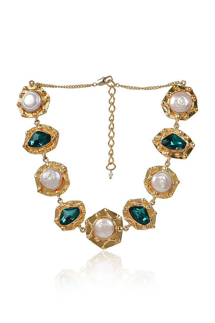 Gold Finish Green Resin & Pearl Necklace by Bijoux By Priya Chandna at Pernia's Pop Up Shop