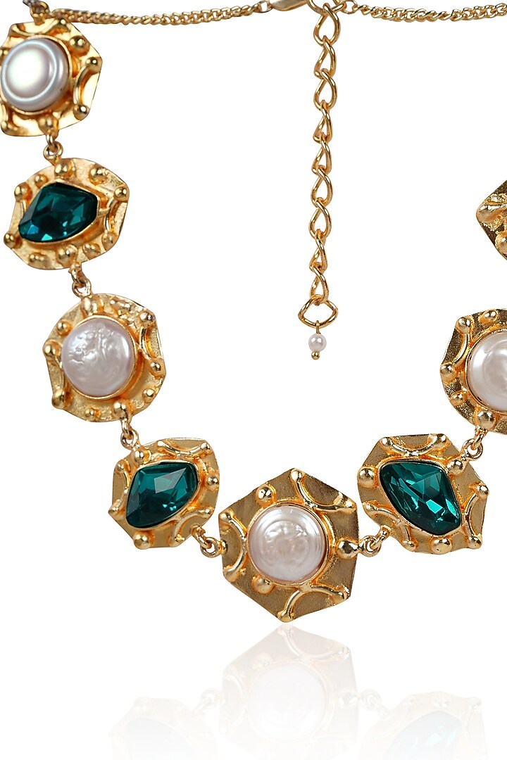 Gold Finish Green Resin & Pearl Necklace by Bijoux By Priya Chandna at Pernia's Pop Up Shop