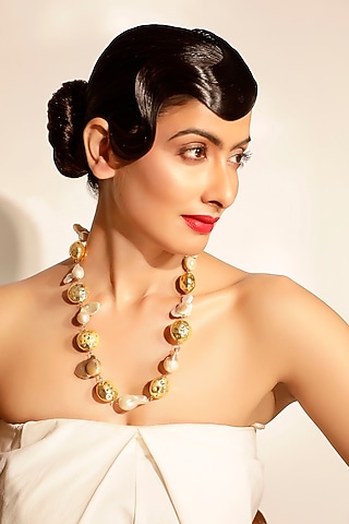 Gold Baroque Pearl & Charm Necklace by Bijoux By Priya Chandna