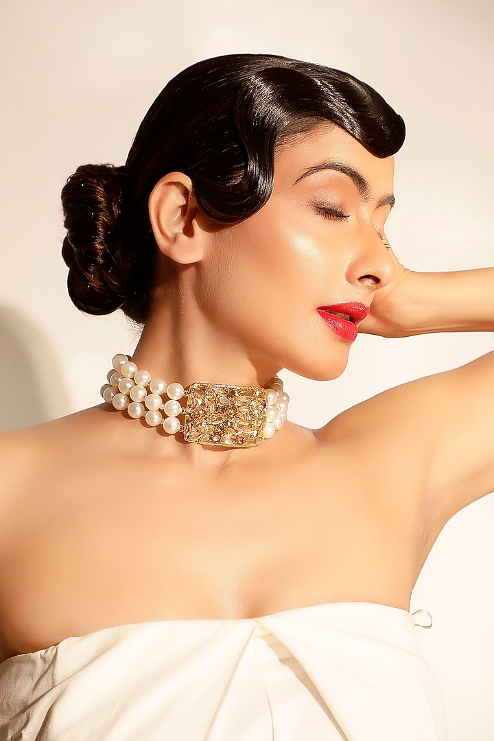White Crystal & Pearl Choker Necklace by Bijoux By Priya Chandna at Pernia's Pop Up Shop