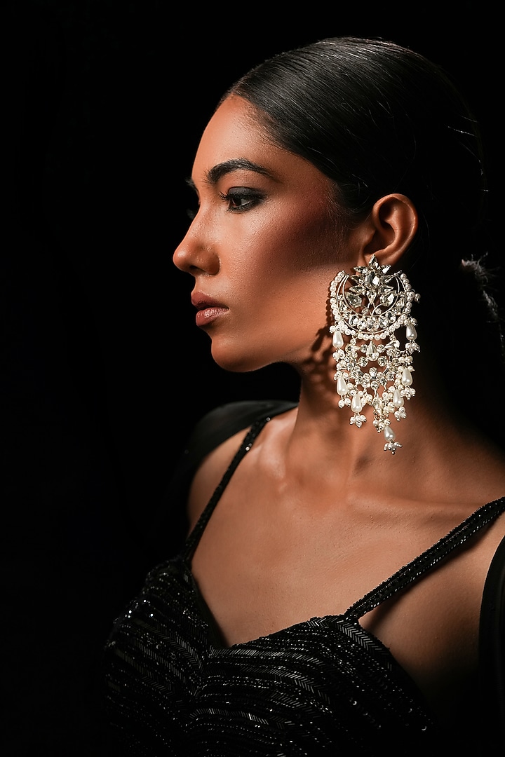 Silver Crystal & Pearl Chandbali Earrings by Bijoux By Priya Chandna at Pernia's Pop Up Shop