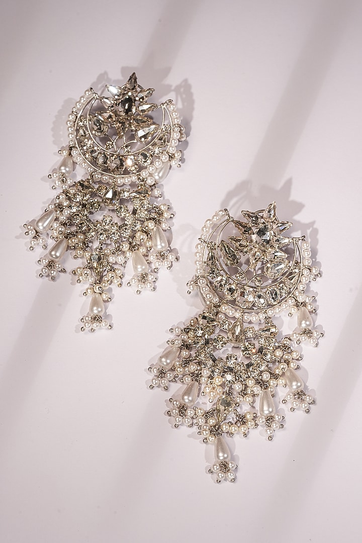 Silver Crystal & Pearl Chandbali Earrings by Bijoux By Priya Chandna at Pernia's Pop Up Shop
