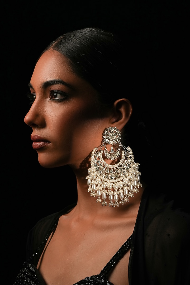 Silver Crystal & Pearl Chandbali Earrings by Bijoux By Priya Chandna at Pernia's Pop Up Shop