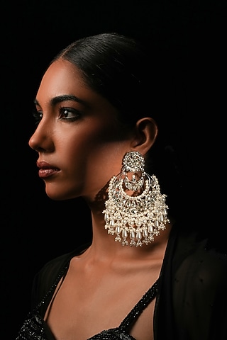 Silver Crystal & Pearl Chandbali Earrings by Bijoux By Priya Chandna