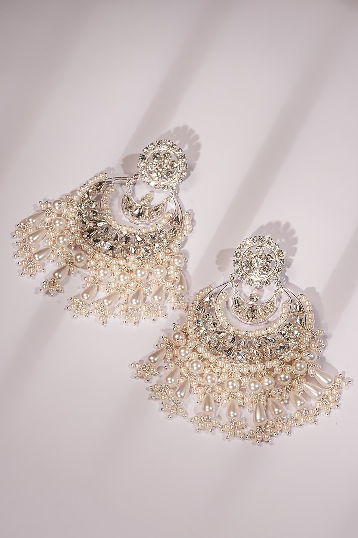 Silver Crystal & Pearl Chandbali Earrings by Bijoux By Priya Chandna at Pernia's Pop Up Shop