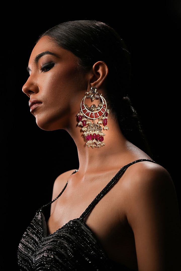 Red Crystal & Semi-Precious Stone Chandelier Jhumka Earrings by Bijoux By Priya Chandna at Pernia's Pop Up Shop