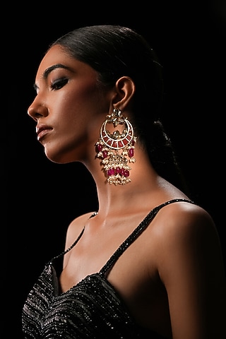 Red Crystal & Semi-Precious Stone Chandelier Jhumka Earrings by Bijoux By Priya Chandna