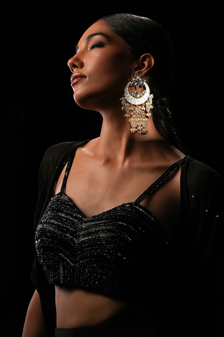 White Crystal & Semi-Precious Stone Chandelier Jhumka Earrings by Bijoux By Priya Chandna at Pernia's Pop Up Shop