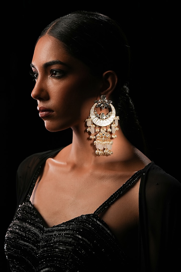 White Crystal & Semi-Precious Stone Chandelier Jhumka Earrings by Bijoux By Priya Chandna at Pernia's Pop Up Shop