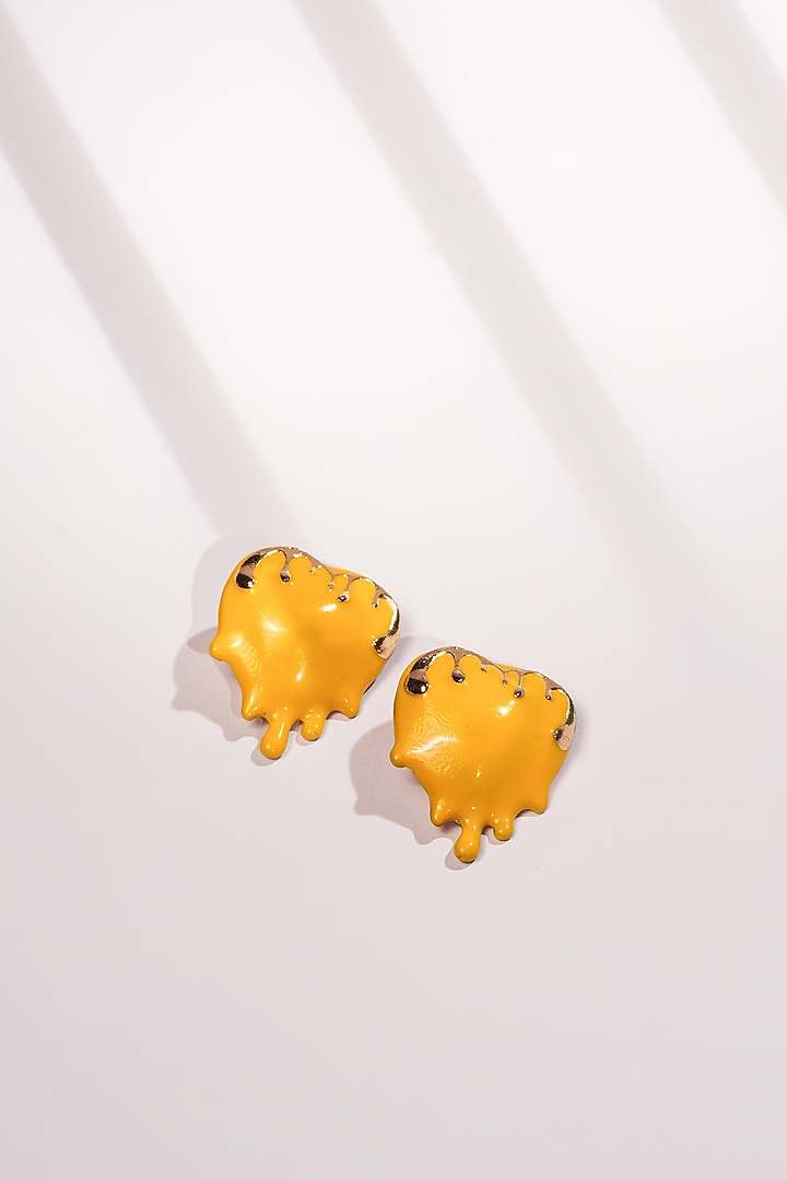 Yellow Resin Dripping Heart Stud Earrings by Bijoux By Priya Chandna at Pernia's Pop Up Shop