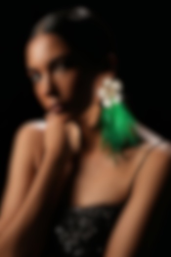 Green Crystal & Feather Floral Dangler Earrings by Bijoux By Priya Chandna at Pernia's Pop Up Shop