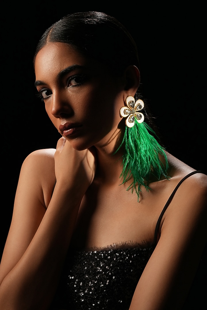 Green Crystal & Feather Floral Dangler Earrings by Bijoux By Priya Chandna at Pernia's Pop Up Shop