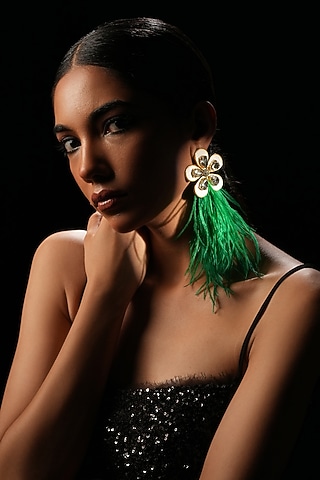 Green Crystal & Feather Floral Dangler Earrings by Bijoux By Priya Chandna